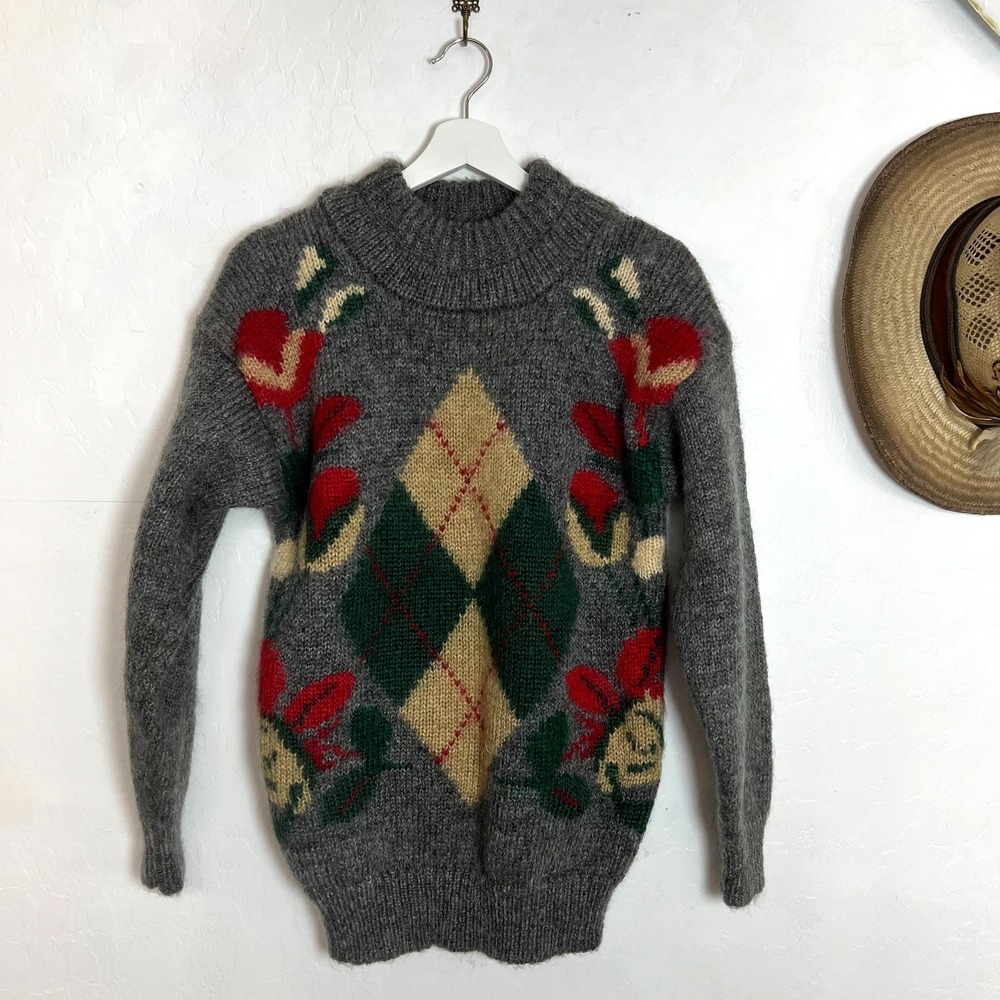 VTG Harve Benard Mohair Blend Floral Argyle Heavy Chunky Knit Sweater Gray Sz XS